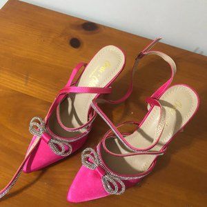 Satin hot pink brand new glitter bow heels